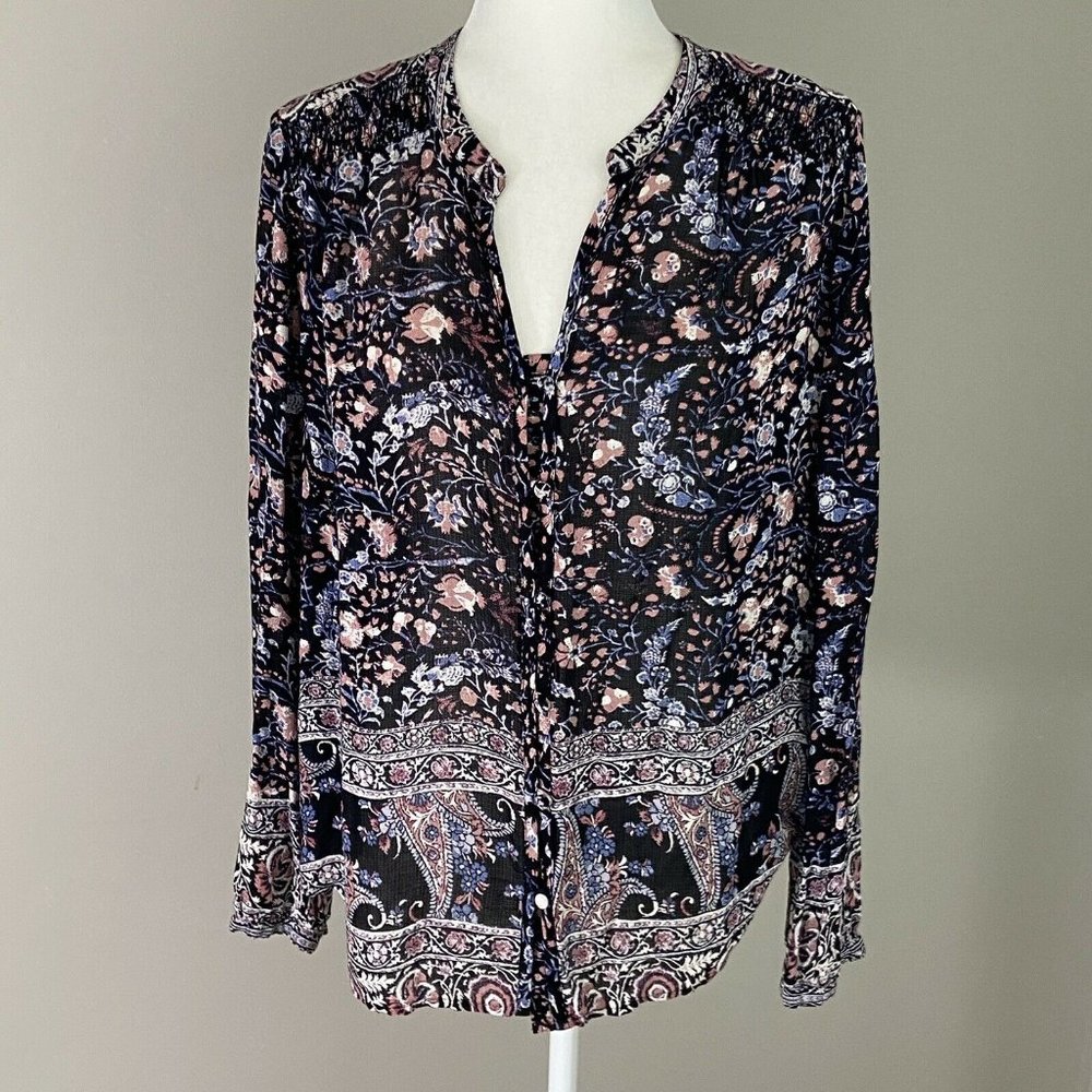 Lucky Brand BOHO Peasant Smocked Top Floral Blouse